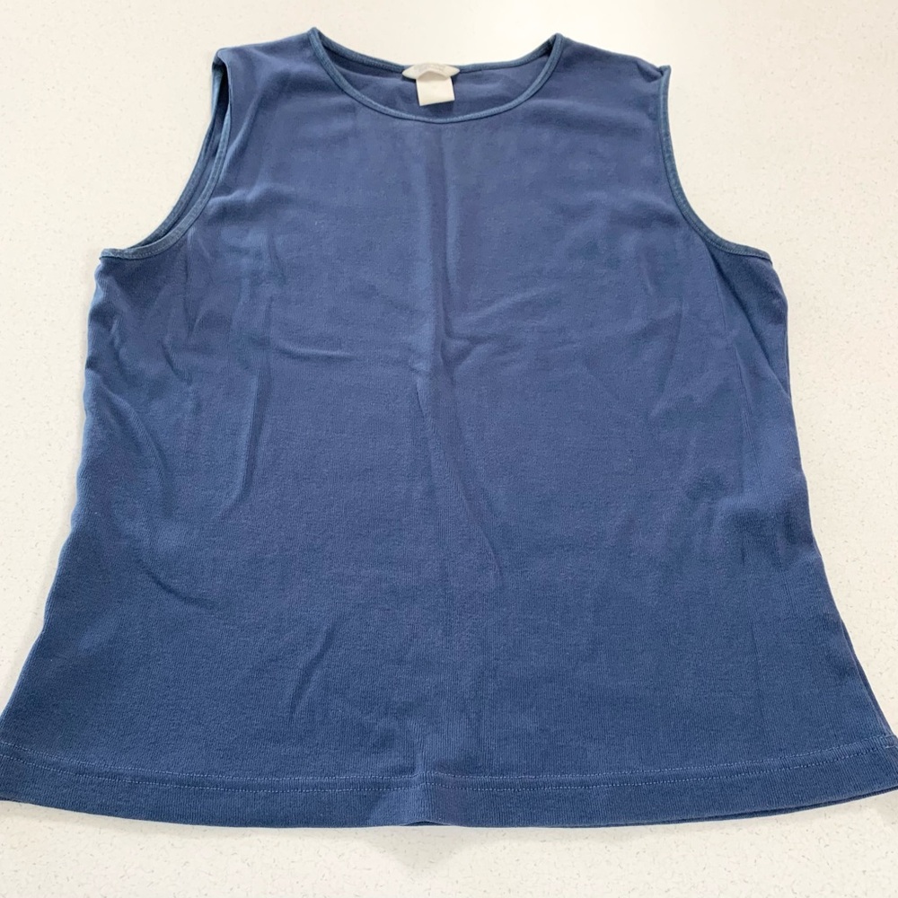 Christopher & Banks Med Slate Blue Sleeveless Crew Neck Satin Trim Perfect Tank